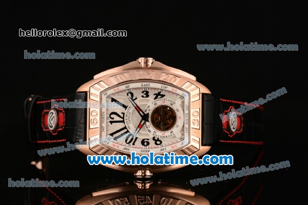 Franck Muller Conquistador Grand Prix Asia Automatic Rose Gold Case with Black Arabic Numeral Markers White Dial and Black Leather Strap - Click Image to Close